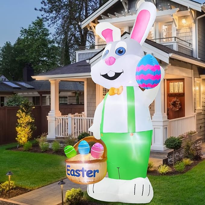 TURNMEON 8 Feet Giant Bunny Easter Inflatables Outdoor Decoration, Lighted Blow up Rabbit Holds Easter Eggs Basket with Tether Stakes LED Light Easter Decor Home Yard Lawn Garden Party Easter Egg Hunt