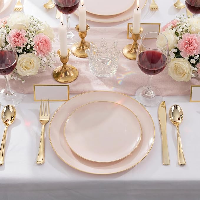 KIRE 350 PCS Pink Plastic Plates - Pink and Gold Disposable Dinnerware 50 Guest Include 50 Dinner Plate - 50Dessert Plate - 50Pre Rolled Napkins with Silverware for Valentine’s Day/Wedding/Baby Shower
