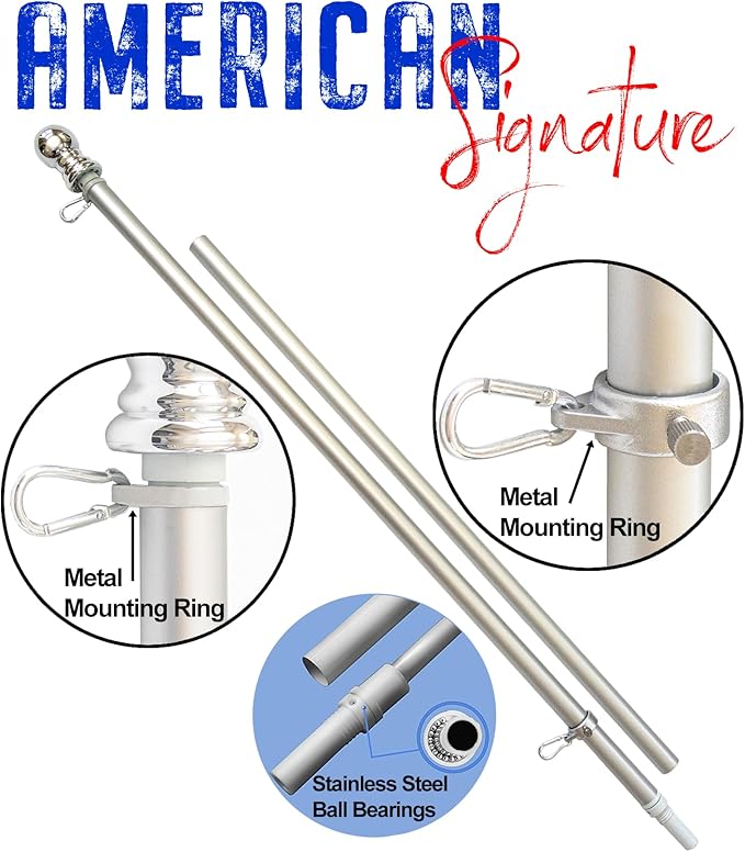 American flag and pole kit set: Includes a 3x5 ft US flag made in USA, 6 ft aluminum tangle free spinning flag pole with carabiners, and flagpole holder wall mount bracket (Silver)