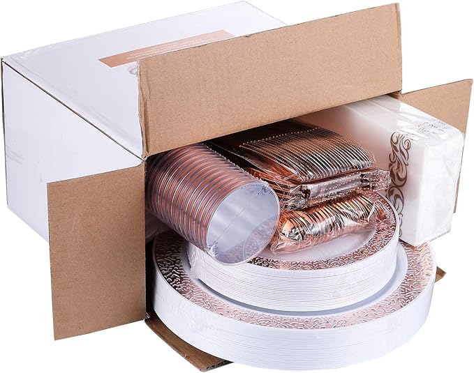 FOCUSLINE 175 Ct Rose Gold Dinnerware Set for 25 Guests, Plastic Plates with Rose Gold Lace Rim Design, Including 25 Disposable Dinner & Dessert Plates, Cups, Napkins, Cutlery Set