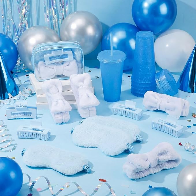 30 Pcs Spa Party Favors for Women Sleepover Party Supplies 6 Bow Headband 6 Eye Mask 6 Hair Clip 6 Cosmetic Bag 6 Glitter Plastic Cup for Adult Spa Birthday Bachelorette Gift(Blue)