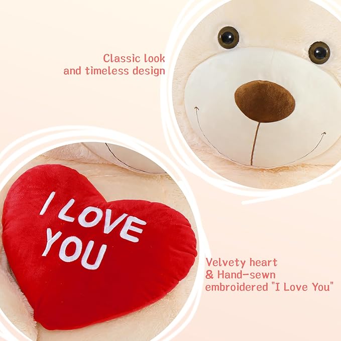 Red Heart Giant Teddy Bear 6ft, Big Teddy Bear Stuffed Animals with Embroidered I Love You for Girlfriend Christmas Birthday, Huge Valentines Teddy Bear Gifts (White, 72 inches)