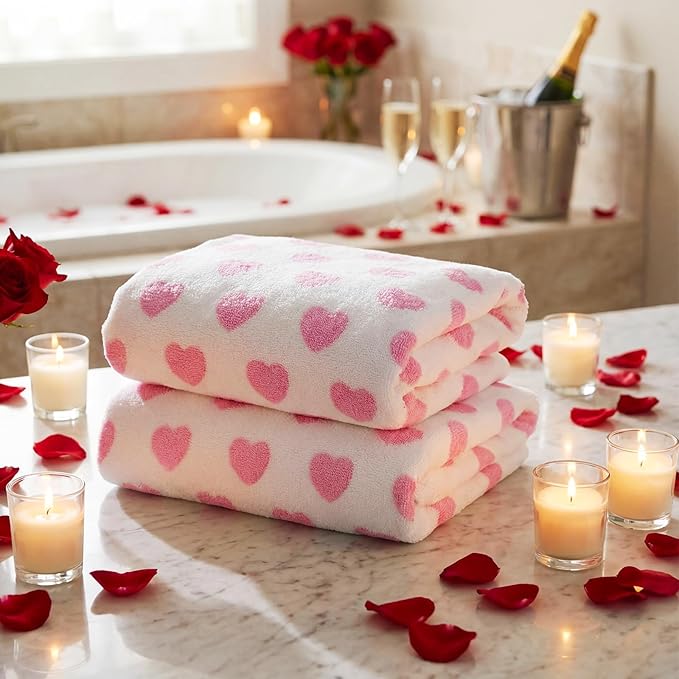 2 Pcs Valentine Hearts Cotton Bath Towels Gift Set 55 x 28 Inch Galentine Decoration Red Pink Hearts Soft Cotton Bath Towels for Valentine Gifts Home Travel Swim Bathroom Shower Supplies(Pink)