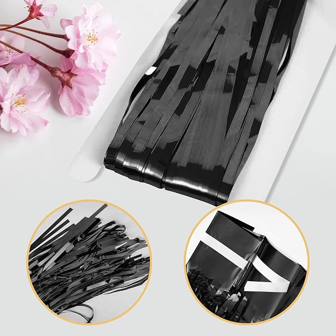 Black Foil Fringe Curtains 50 Pack 3.2ft x 8.2ft Fringe Backdrop Curtains Metallic Tinsel Streamer Photo Backdrop for Birthday Party Decorations Halloween Christmas Party Supply (Black)