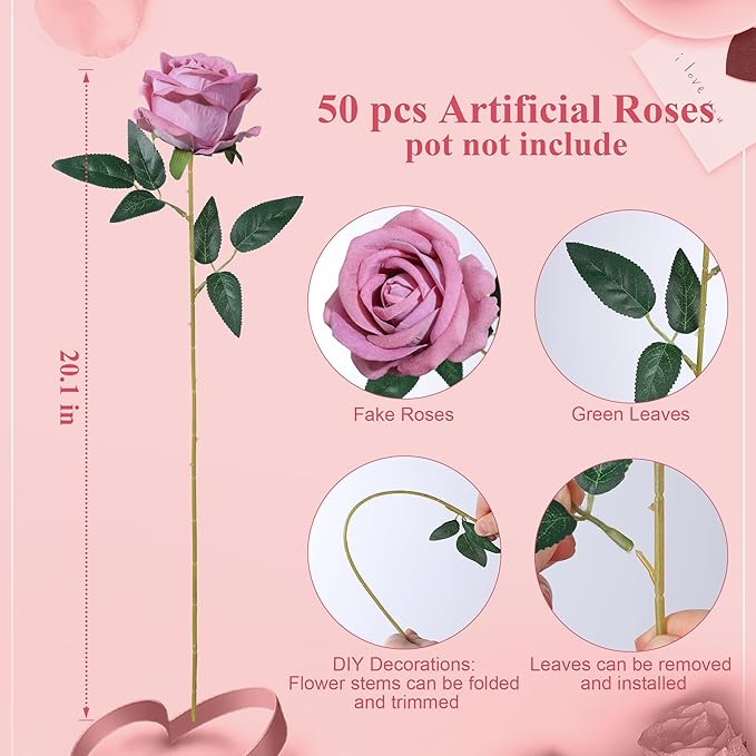 50 PCS Dusty Roses Artificial Flowers, Fake Roses with Stem Realistic Silk Roses for DIY Wedding Bouquets Tables Centerpieces Arrangements Baby Shower Birthday Home Decor Valentine's Day Gift for Her