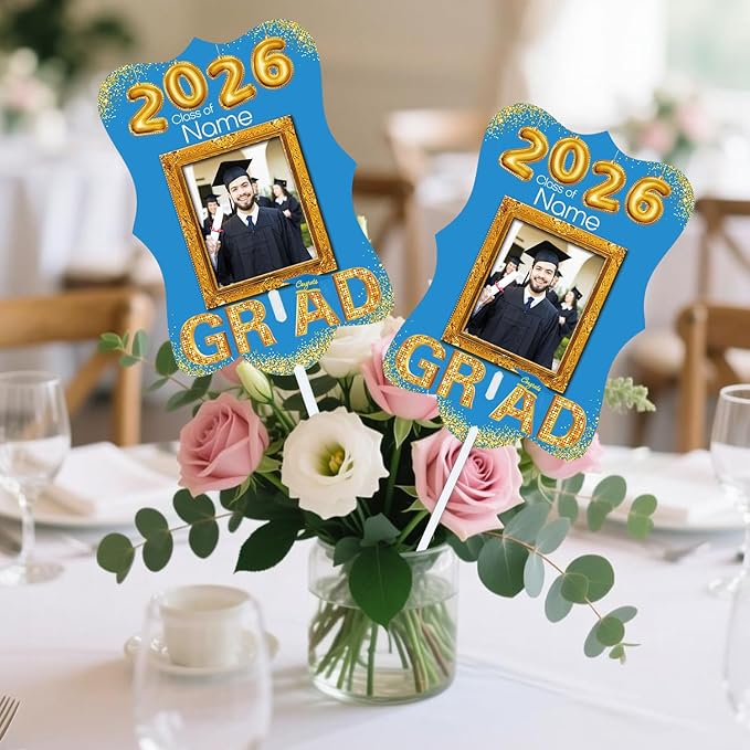 Personalized Graduation Double Sided Face Fan Class of 2026 Customized Graduation Head Face Cutout with Handle Fun Photo Prop Supplies(A-Sky Blue and Gold,12pcs)