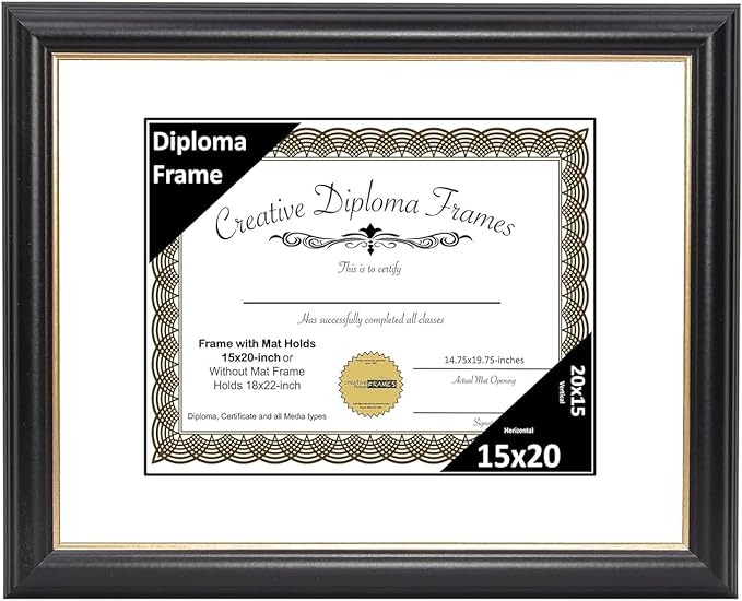 Creative Picture Frames 15" x 20" Rockefeller Black with Gold Rim Diploma Frame, Displays 15" x 20" Certificate or 18" x 22" Document without Mat, College Degree Frame, Full-Strength Glass, White Mat