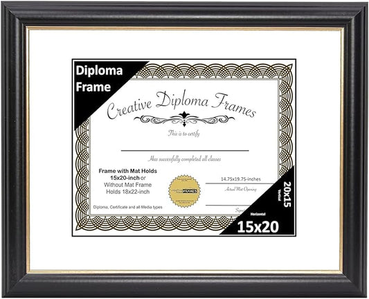Creative Picture Frames 15" x 20" Rockefeller Black with Gold Rim Diploma Frame, Displays 15" x 20" Certificate or 18" x 22" Document without Mat, College Degree Frame, Full-Strength Glass, White Mat