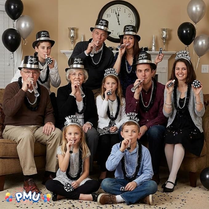 PMU New Year's Eve Party Supplies New Year's Eve Decorations Supplies, 2026 Silver Legend Illusion Party Kit Assortment for 50 Persons - Outfits for Adults, Men and Women (50/psn) Pkg/1
