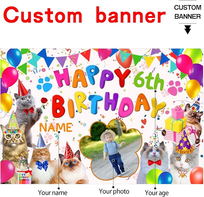 Custom Cat Happy Birthday Party Decorations Supplies Personalized Cat Happy Birthday Backdrop Banner(5x7.5ft)