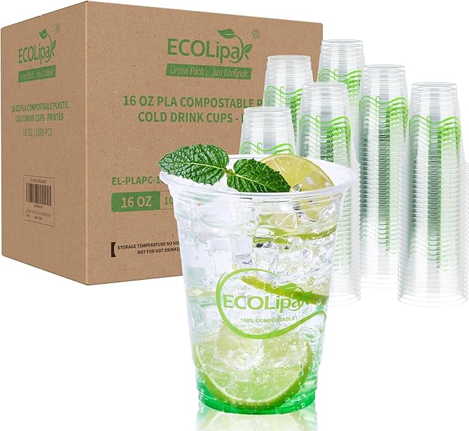 ECOLipak 1000 Count 16 OZ Clear Compostable Plastic Cups, Disposable Plant-Based Biodegradable Drinking Party Cups, PLA Plastic Cold Tumblers for Restaurant, Office, Canteen, Large Gathering