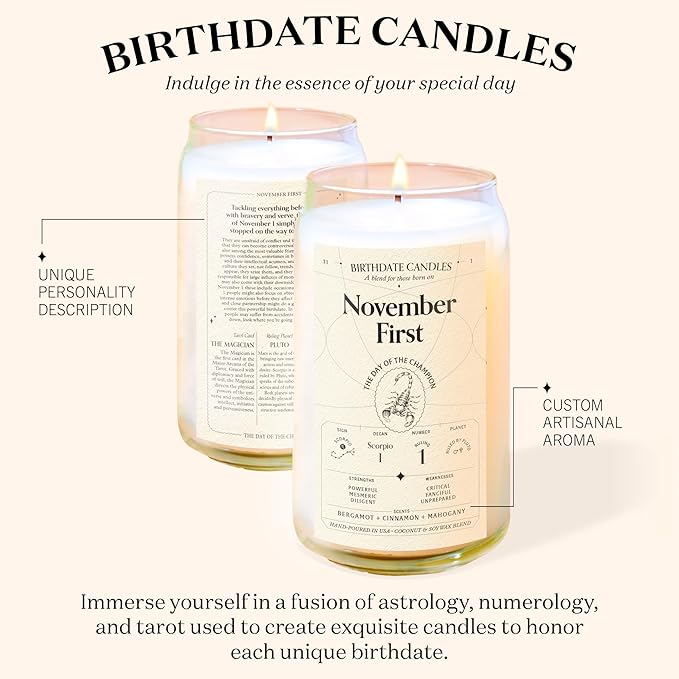 Birthdate Candles, November 1 - Scorpio Zodiac Scented Candles Birthday Gift - Bergamot, Cinnamon & Mahogany Scent - All-Natural Soy & Coconut Wax, 60-80 Hour Burn Time - Made in USA