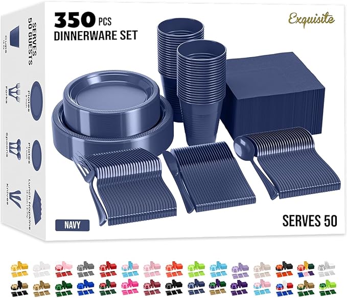 350 Pcs Navy Plastic Plates For Party, Navy Disposable Plates Set, 50 Of Each 9" Dinner Plate Set, 7" Dessert Plate, Cups, Napkins & Cutlery Plastic Dinnerware Exquisite