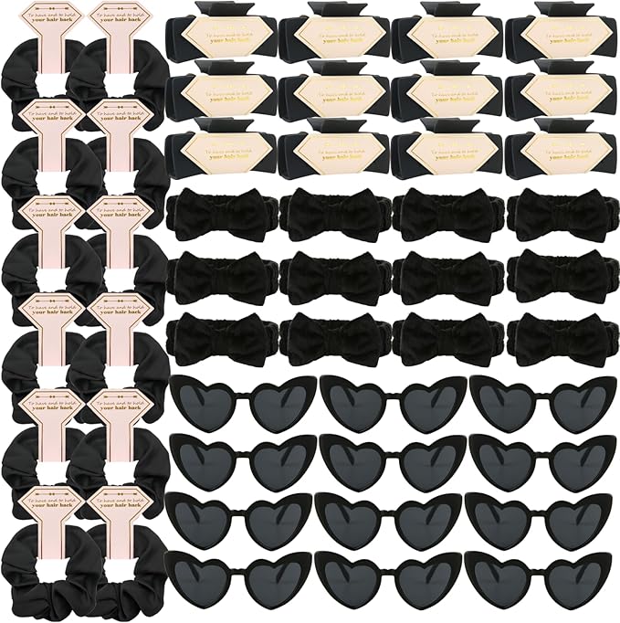 Bridesmaid Scrunchies Proposal Gifts square 4.1inch Bachelorette Hair Claws Clips women heart sunglasses headband gift for Wedding Party Favors (Black 48pcs)