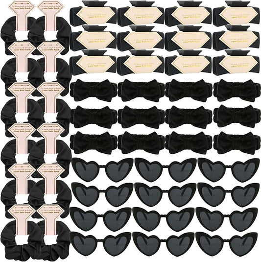 Bridesmaid Scrunchies Proposal Gifts square 4.1inch Bachelorette Hair Claws Clips women heart sunglasses headband gift for Wedding Party Favors (Black 48pcs)