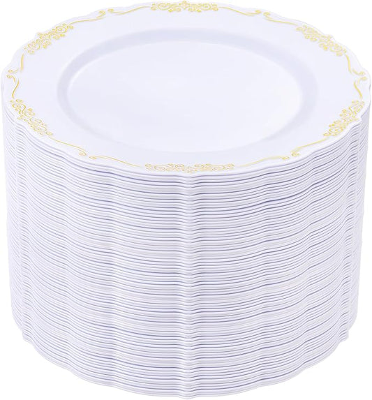 DaYammi 60PCS White and Gold Plastic Plates, Gold Rim Plates Disposable Heavy Duty Disposable Plate Premium 10inch White Dinner Plate Hard Plastic Platos for Party Wedding Bridal Shower