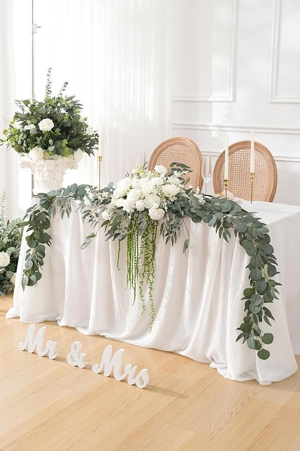 7.5FT White Sage Wedding Arch Flowers Garland, Rose &Eucalyptus, Artificial Spring Floral for Backdrop Mantle Decoration,Ceremony Party Sweetheart Head Table Reception Decor