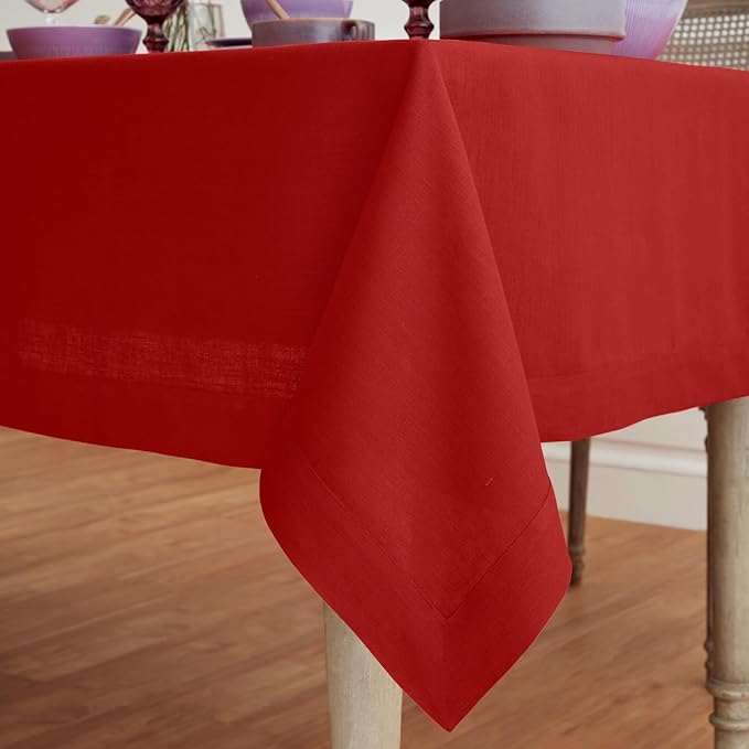 Solino Home Linen Red Tablecloth 60 x 102 Inch - 100% Pure Linen Rectangular Tablecloth - Machine Washable Table Cloth for Valentines, Winter - Fete