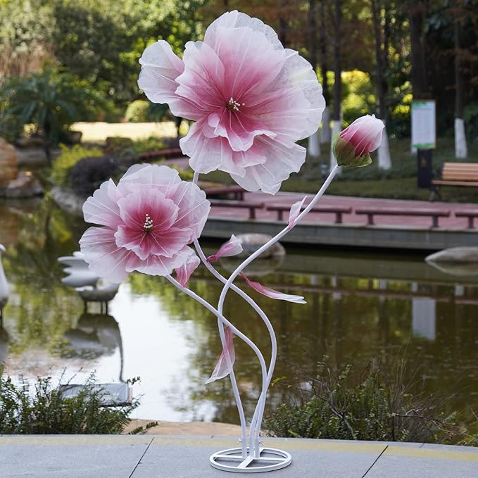 Giant Artificial Flower Decor,Oversized Gradient Organza Flower with Bendable Stem,DIY Shape Fake Flower Sculpture with Heavy Base for Wedding,Event,Party & Photo Backdrop,Store Display (red)