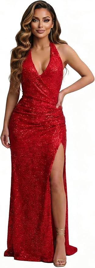 Halter Sequin Prom Dress for Women 2026 Pleats Formal Evening Dress with Slit L01032