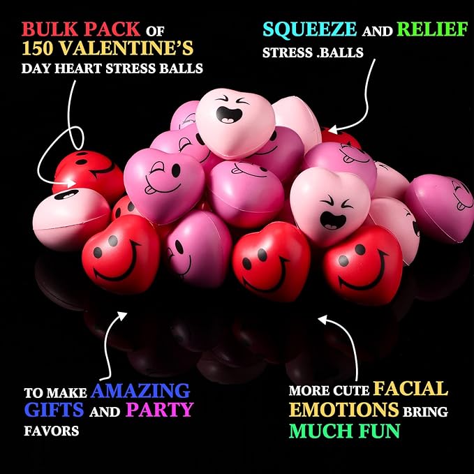 BBTO 150 Pcs Valentine's Day Stress Relief Balls 3 Styles Heart Smile Face Foam Balls Stress Relief Toys Party Favors for Teens Adults Student School Prizes Gift Bag Fillers (Red and Pink)