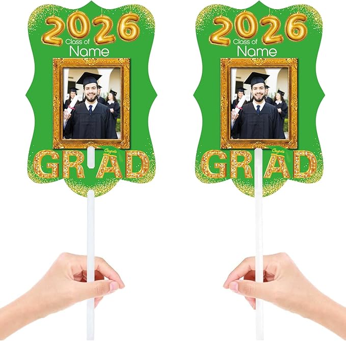 Personalized Graduation Double Sided Face Fan Class of 2026 Customized Graduation Head Face Cutout with Handle Fun Photo Prop Supplies(A-Light Green and Gold,24pcs)