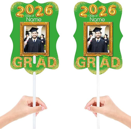 Personalized Graduation Double Sided Face Fan Class of 2026 Customized Graduation Head Face Cutout with Handle Fun Photo Prop Supplies(A-Light Green and Gold,24pcs)