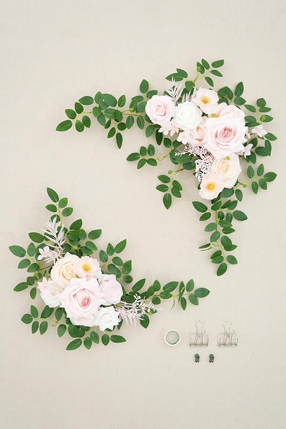 2pcs Champagne & Pink Deluxe Welcome Sign Artificial Flowers Wedding Backdrop Garland Hanging Floral Arrangements for Ceremony Reception Entryway Board Sweetheart Table