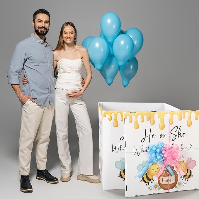 AmazingSpark 28in Jumbo Gender Reveal Gift Box Kit with Oversized Box Giant Pull Bows for Gender Reveal Baby Shower Birthday Party Decor(What Will Baby Bee)