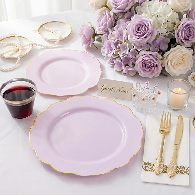 NOCCUR 175PCS Purple Plastic Plates with Gold Disposable Silverware - Include 50 Lavender and Gold Plastic Plates,25 Knives,25 Forks,25 Spoons,25 Cups and 25 Napkins - Ideal for Wedding/Spring Party