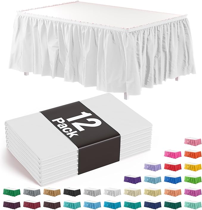 Exquisite Ruffle Table Skirt White Pack Of 12, 14 Ft Long Table Skirts for Rectangle Tables 6ft Plus or Round Tables Skirts with Adhesive Strip for Gender Reveal Decor & Happy Birthday Parties