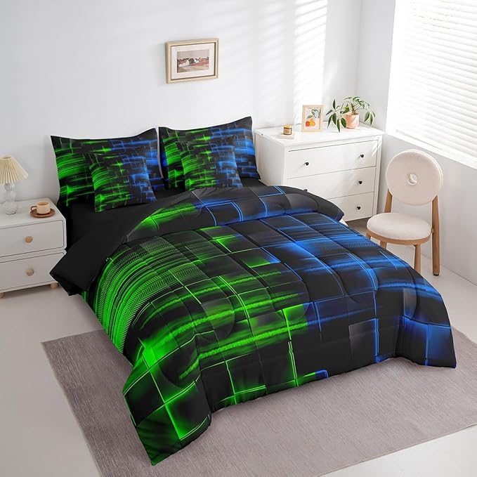 Feelyou Green Blue Bedding Set Twin Size Boys Girls Geometric Strip Lines Comforter Set with Sheets 7 Piece for Bed in a Bag Abstract Modern Bed Set with Comforter,Sheets,Pillowcases
