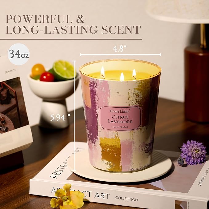 HomeLights Scented Candles | Large Jar 34 Oz Natural Soy Candle | 130 hrs Long-Lasting with 3 Wicks | Scandinavian Minimalist Home Decor | Gifts for Mom & Women, Citrus Lavender