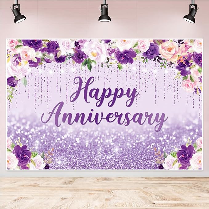 10x6ft Happy Anniversary Backdrop, Floral Glitter Backdrop for Women Wedding Anniversary Decoration Violet and Pink Flowers Photography Background Cake Table Banner Party Decor