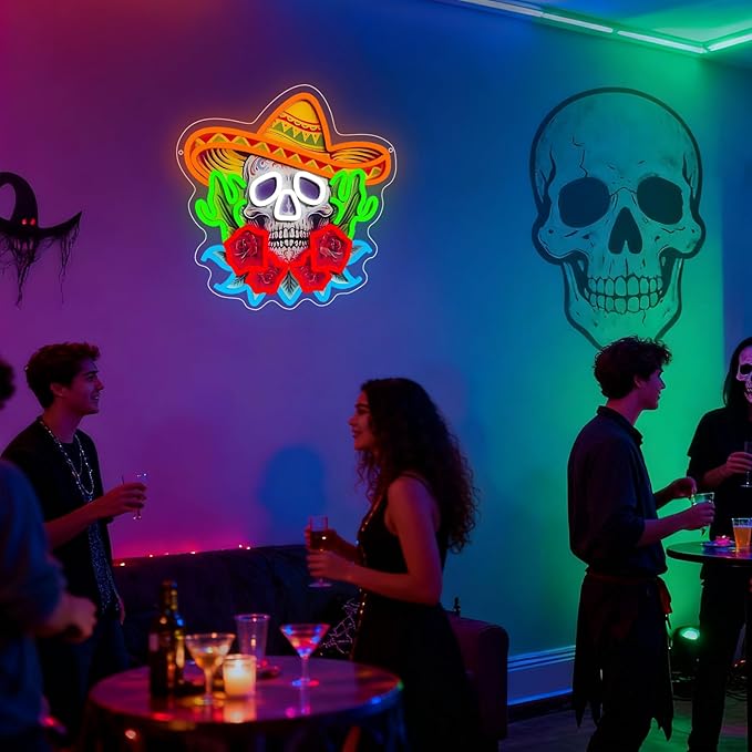 Day of the Dead Neon Sign, Mexican Sugar Skull LED Neon Light Signs for Wall Decor Mexican Calavera Sign for Home Bar Restaurant Día de Muertos Party Decorations Dimmable USB Powered(13.2"*12.6")