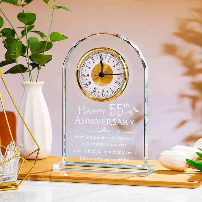 YWHL 55th Wedding Anniversary Quartz Clock Gifts for Couples, 55 Year Anniversary Glass Keepsake Gift for Parents Grandparents, Table Clock 55th Anniversary Party Decoration (Battery not Included)