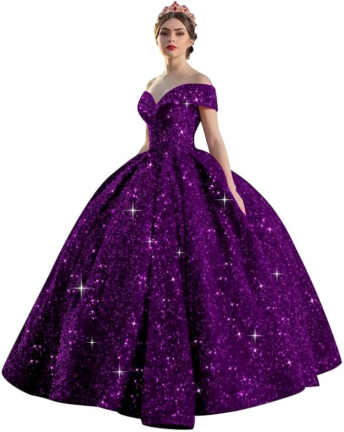 Quinceanera Dress Long Ball Gown Sparkly Sequin Off Shoulder V Neck Prom Dresses