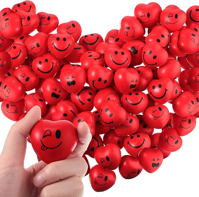 BBTO 150 Pcs Valentine's Day Stress Relief Balls 3 Styles Heart Smile Face Foam Balls Stress Relief Toys Party Favors for Teens Adults Student School Prizes Gift Bag Fillers(Red)