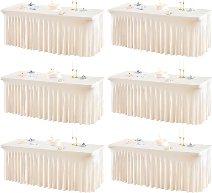 6 Packs Ivory Table Clothes for 8 Foot Rectangle Tables, One-Piece Wrinkle Resistant Stretch Spandex Table Covers with Skirt for Event Banquet Wedding Birthday Party