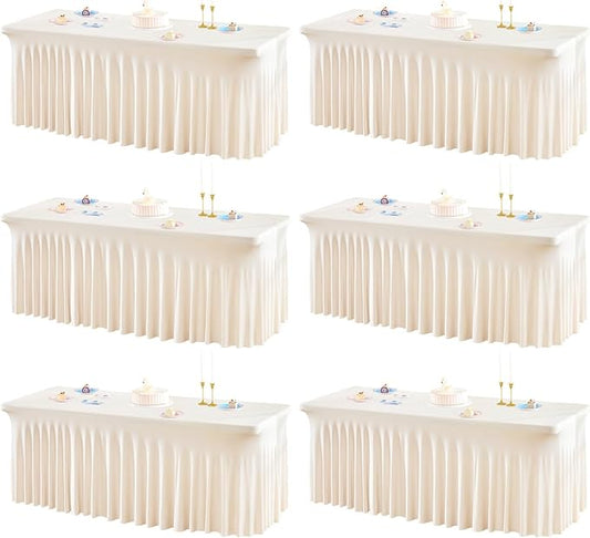 6 Packs Ivory Table Clothes for 8 Foot Rectangle Tables, One-Piece Wrinkle Resistant Stretch Spandex Table Covers with Skirt for Event Banquet Wedding Birthday Party
