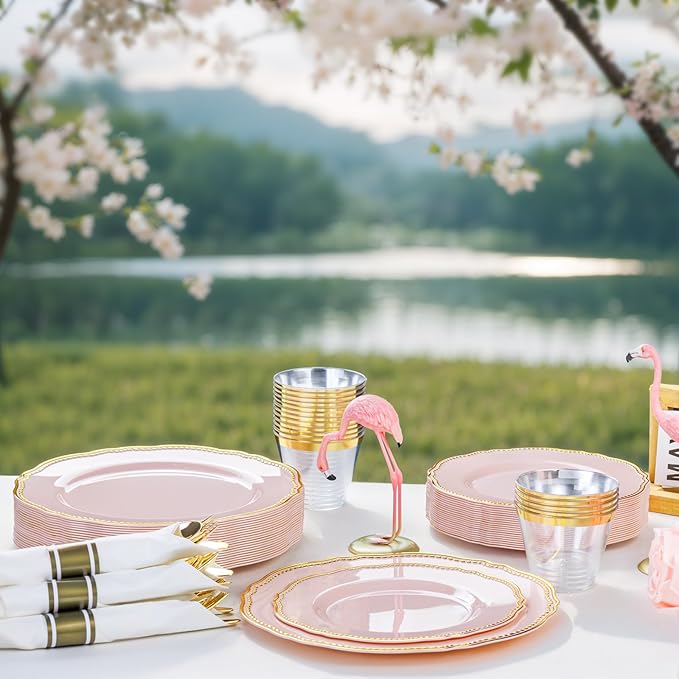 Hioasis 350pcs Pink and gold Plastic Plates - Pink Plastic Dinnerware Set Includes 50 Dinner Plates, 50 Dessert Dinnerware, 50 Cups, 50 Rolled Napkin Cutlery Perfect for Wedding & Party