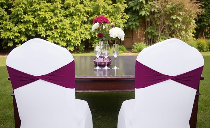 VDS Pack of 25 PCS | Eggplant | Spandex Chair Sashes Bows Without Buckle | Stretch Elastic Banquet Universal Folding Chair Band Tie with for Wedding Party Conference Celebration Event Decoration