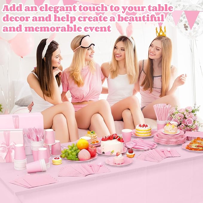452 Pcs Pink Party Supplies for 50 Guests, Light Pink Scalloped Paper Plates Napkins Cups Plastic Tablecloth Cutlery Straws for Baby Bridal Shower, Birthday Wedding Party Decoration