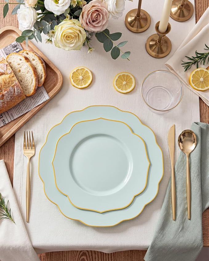 bUCLA 180PCS Green Plastic Plates - Disposable Sage Green with Gold Rim - Include 30 (Dinner & Dessert) Plates, 30 Knives, 30 Forks, 30 Spoons and 30 Cups for Party & Spring