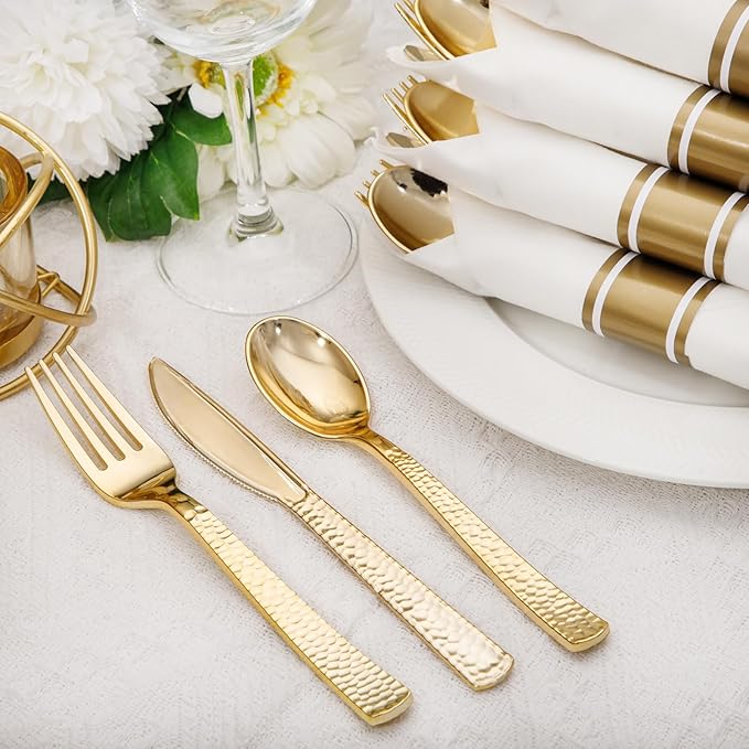 Nervure 400PCS Pre Rolled Gold Plastic Silverware Sets - Heavy Duty Hammered Gold Cutlery Include 100 Pack Wrapped Disposable Utensils with Napkins for Parties, Dinners & Weddings