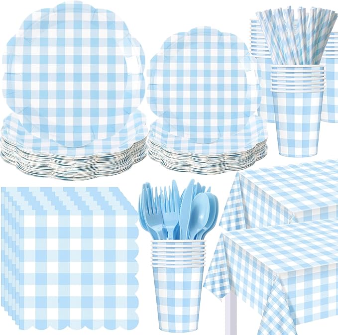 452 Pcs Blue Gingham Party Supplies for 50 Guests Include White and Blue Checkered Paper Plates Napkins Cups Tablecloth Cutlery Straws for Birthday Baby Shower Wedding Party Decorations
