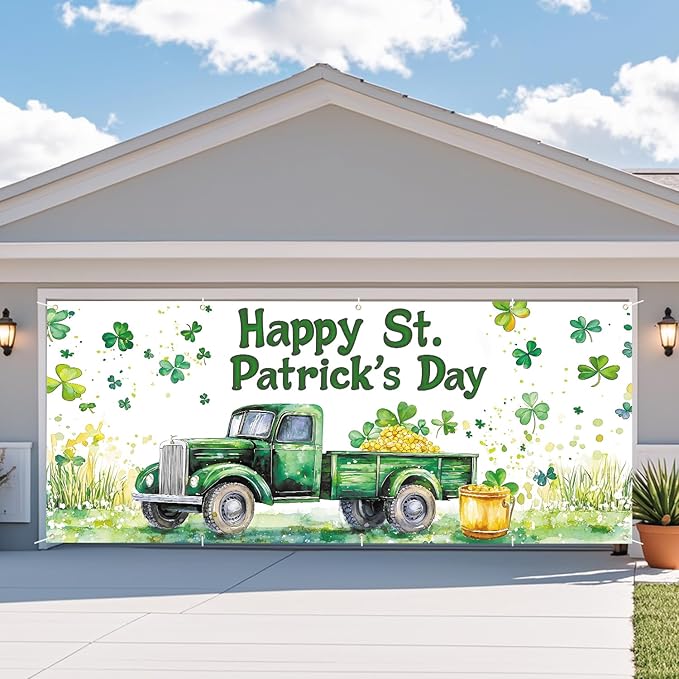 St. Patrick’s Day Garage Door Banner 7x16FT, Green Truck & Shamrocks Garage Door Cover, Festive Outdoor Decoration for St. Patrick’s Day Parties and Yard