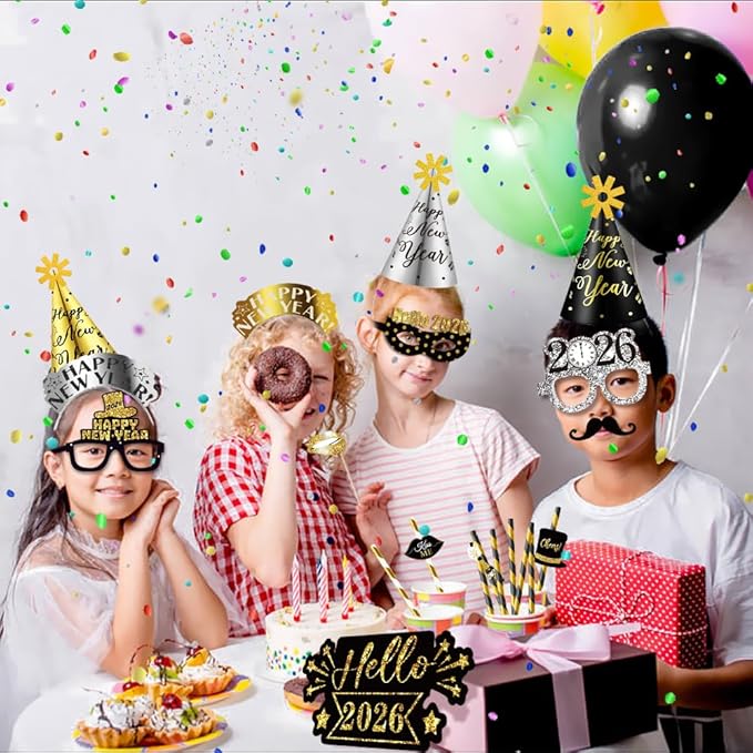 MOVINPE 2026 New Years Eve Party Supplies Bulk Set Serve 36, Cone Hats, Tiaras, Photo Booth Glasses Props, Squawkers, Blowouts, New Year's Party Favors Event Supplies for Kids Adults