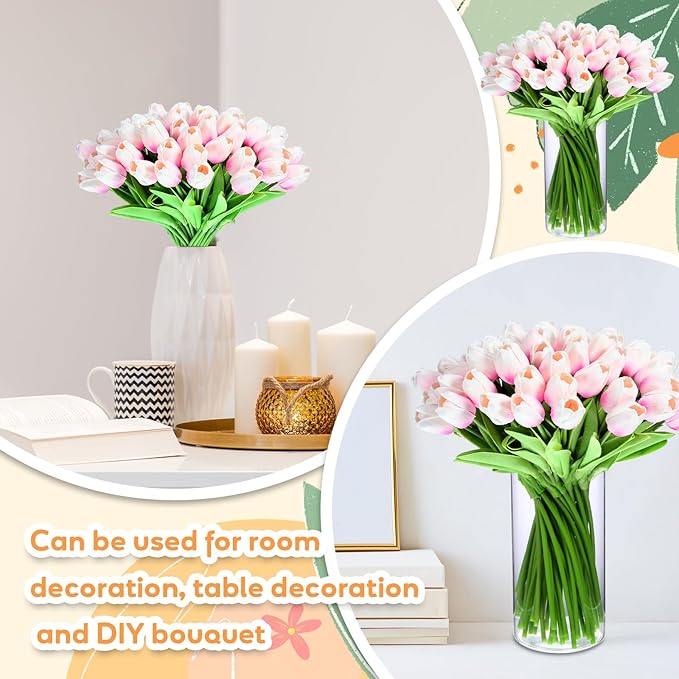 Jexine 100 Pcs Artificial Real Touch Tulips Fake Artificial Tulip Flower Bulk Bouquet with Stem for Table Centerpieces Wedding Bridal Easter Mother's Day Garden Home Decor, 13.4''(Light Pink)