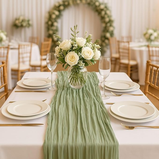 12 Pack Sage Green Cheesecloth Table Runners – 10FT Rustic Gauze Bulk Set for Wedding Reception, Woodland Baby Shower, Garden Party, or Boho Spring Event Decor